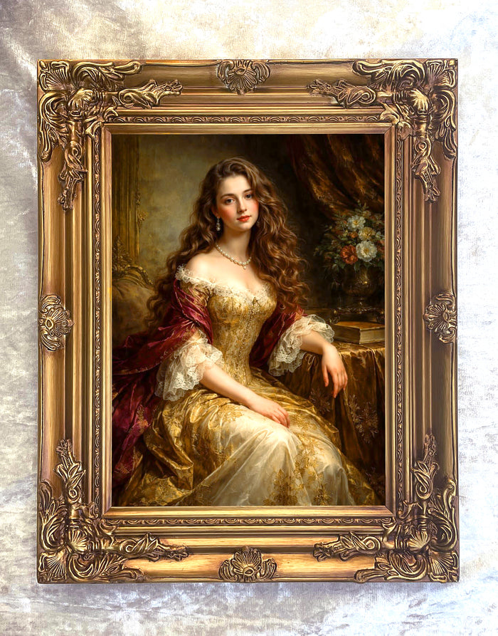 Fine Oleograph on Canvas - Portrait of a seated Elegant Young Woman