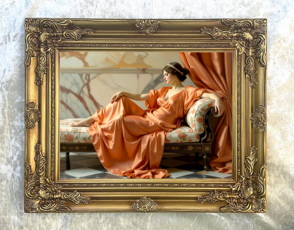 Exquisite Oleograph on Canvas -  Elegant Lady on a Chaise Longue