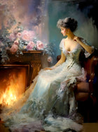 Exquisite Oleograph on Canvas -  Elegant Lady with flowers by a Fireside