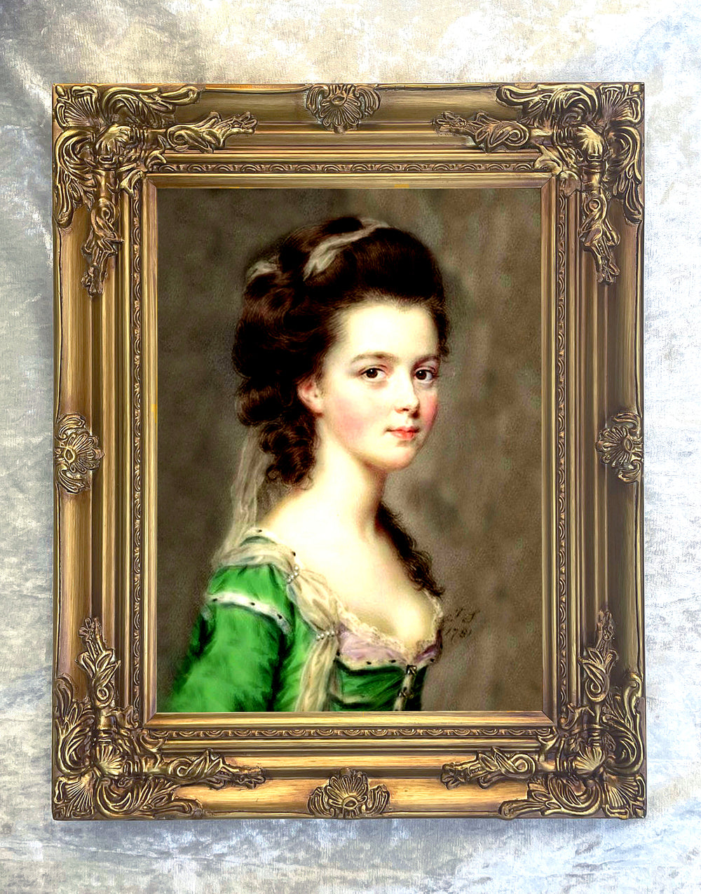 Exquisite Oleograph on Canvas - Portrait of a Lady in green