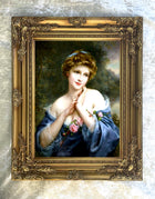 Large Gilt Framed Oleograph Portrait of a Lady in Blue