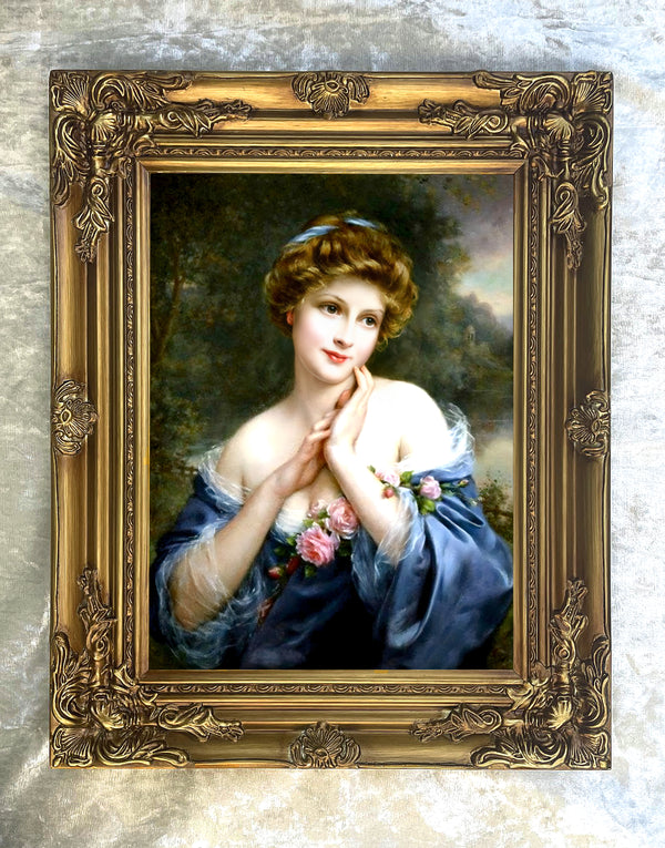 Large Gilt Framed Oleograph Portrait of a Lady in Blue