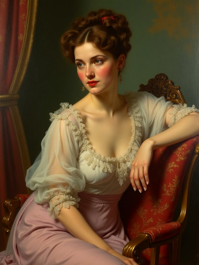 Exquisite Oleograph on Canvas - Portrait of an Elegant Edwardian Woman