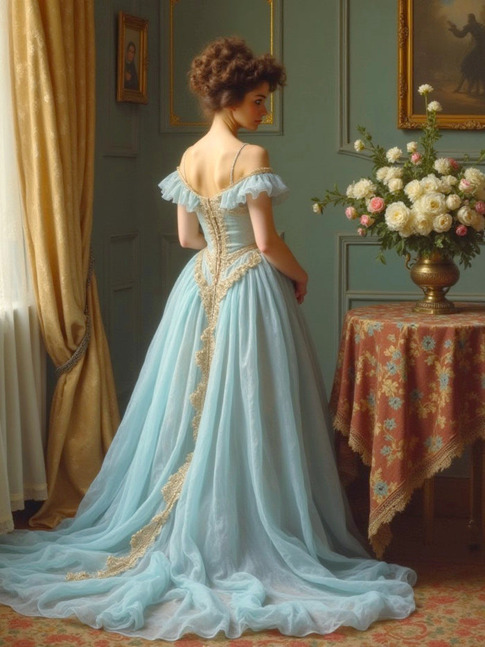 Fine Oleograph on Canvas - Portrait of an Elegant Lady in her Boudoir