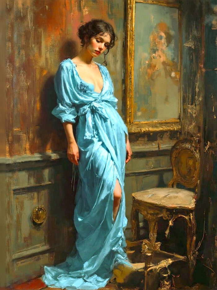 Fine Oleograph on Canvas - Portrait of an Elegant Edwardian Lady in her Boudoir