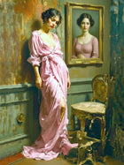 Exquisite Oleograph on Canvas - Portrait of an Elegant Lady in a Pink Robe