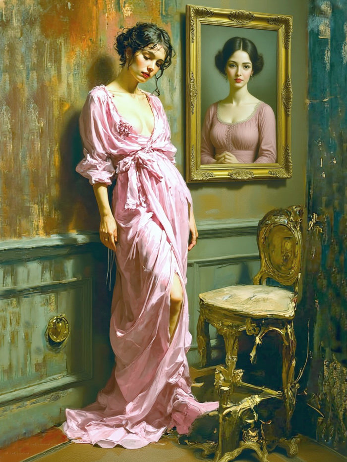Exquisite Oleograph on Canvas - Portrait of an Elegant Lady in a Pink Robe