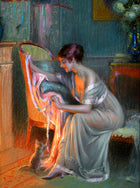 Exquisite Oleograph on Canvas - Portrait of an Elegant Lady by a Fireside