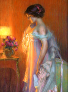 Exquisite Oleograph on Canvas - Portrait of an Elegant Lady by Lamplight