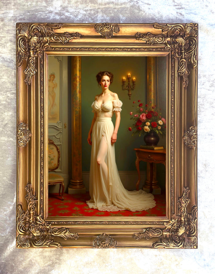 Fine Oleograph on Canvas - Portrait of an Edwardian Lady in a French Boudoir