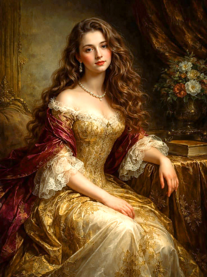 Fine Oleograph on Canvas - Portrait of a seated Elegant Young Woman