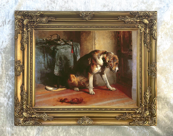 Fine Oleograph on Canvas - Portrait of a Hound "Suspense" aft. Edwin Landseer