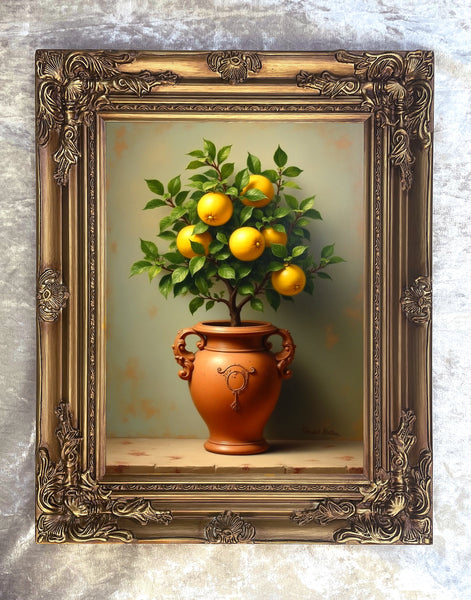 Exquisite Oleograph on Canvas Still Life of a Lemon Tree in a Roman Urn