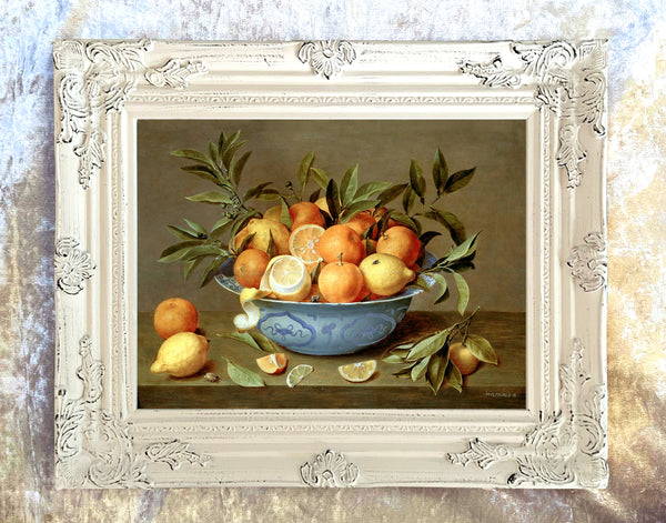 Beautiful Oleograph on Canvas Still Life of Lemons in a Blue & White Bowl