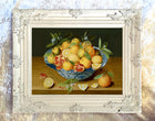 Beautiful Oleograph on Canvas Still Life of Assorted Fruit in a Blue & White Chinese Bowl