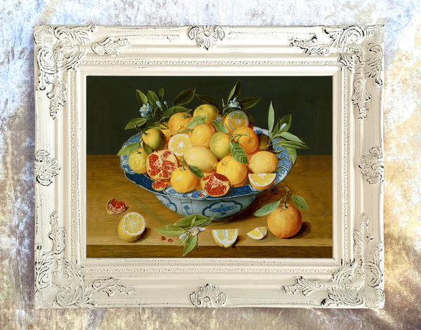 Beautiful Oleograph on Canvas Still Life of Assorted Fruit in a Blue & White Chinese Bowl