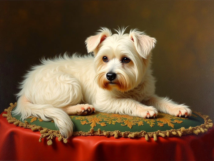 Ornate Framed Oleograph on Canvas of a Maltese Terrier