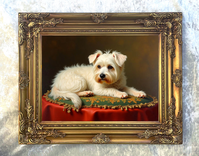 Ornate Framed Oleograph on Canvas of a Maltese Terrier