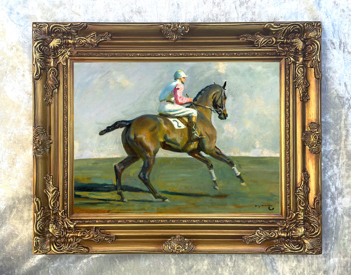 Gilt Framed Oleograph of  a Racehorse with Jockey Up aft. Munnings