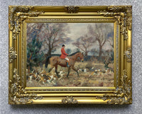 Oleograph on Canvas of a Huntsman & Hounds aft Alfred Munnings