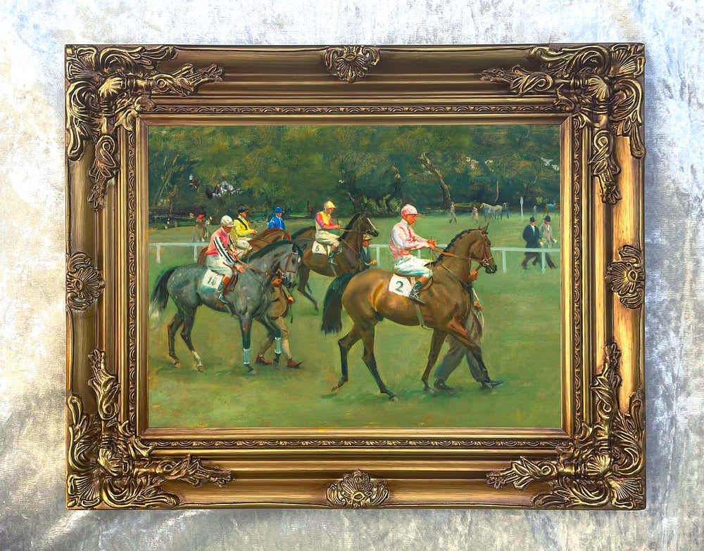 Fine Oleograph on Canvas of Racehorses "Going out at Kempton" aft. Munnings