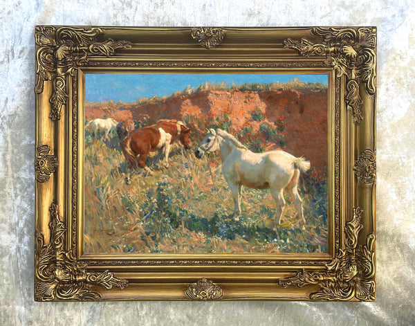 Fine Oleograph on Canvas of Ponies in a Gravel Pit aft. Munnings