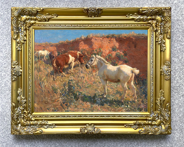 Fine Oleograph on Canvas of Ponies in a Gravel Pit aft. Munnings