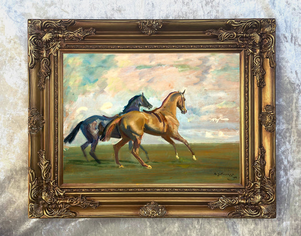 Fine Oleograph on Canvas of Horses in a Landscape aft. Munnings