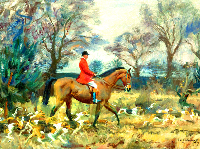 Oleograph on Canvas of a Huntsman & Hounds after Munnings