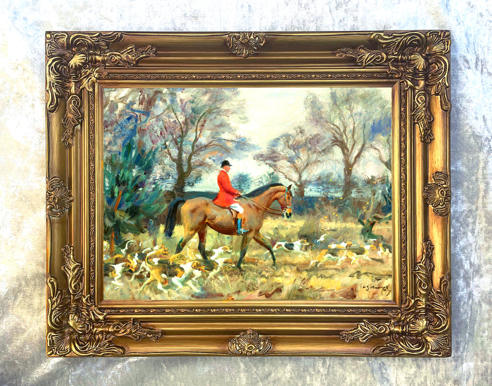 Oleograph on Canvas of a Huntsman & Hounds after Munnings