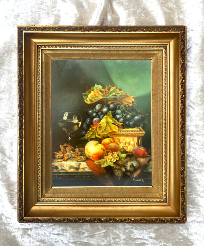 Beautiful Vintage Dutch School Still Life Oil on Panel - Assorted Fruit on a Marble Ledge