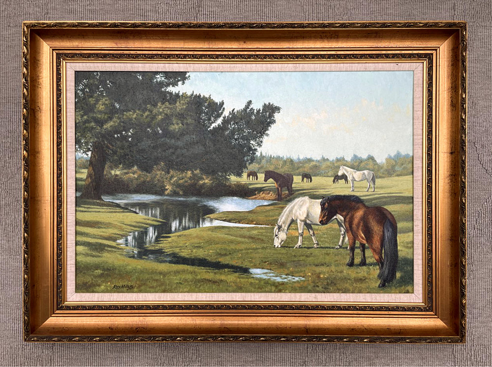 Superb Vintage Oil on Canvas - "Tranquility" Horses Grazing in a Meadow by Roy Miller SOLD