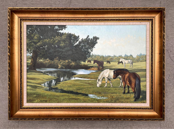 Superb Vintage Oil on Canvas - "Tranquility" Horses Grazing in a Meadow by Roy Miller SOLD