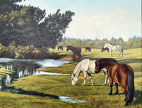 Superb Vintage Oil on Canvas - "Tranquility" Horses Grazing in a Meadow by Roy Miller SOLD