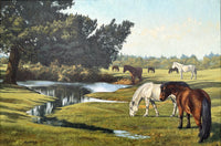 Superb Vintage Oil on Canvas - "Tranquility" Horses Grazing in a Meadow by Roy Miller SOLD