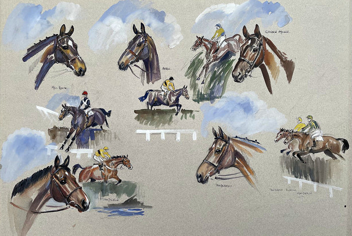 Superb Large Vintage English School Watercolour Montage of Famous National Hunt Champion Horses SOLD