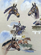Superb Large Vintage English School Watercolour Montage of Famous National Hunt Champion Horses SOLD