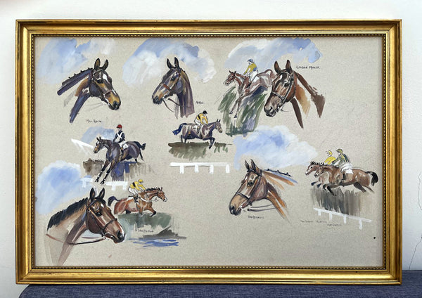 Superb Large Vintage English School Watercolour Montage of Famous National Hunt Champion Horses SOLD