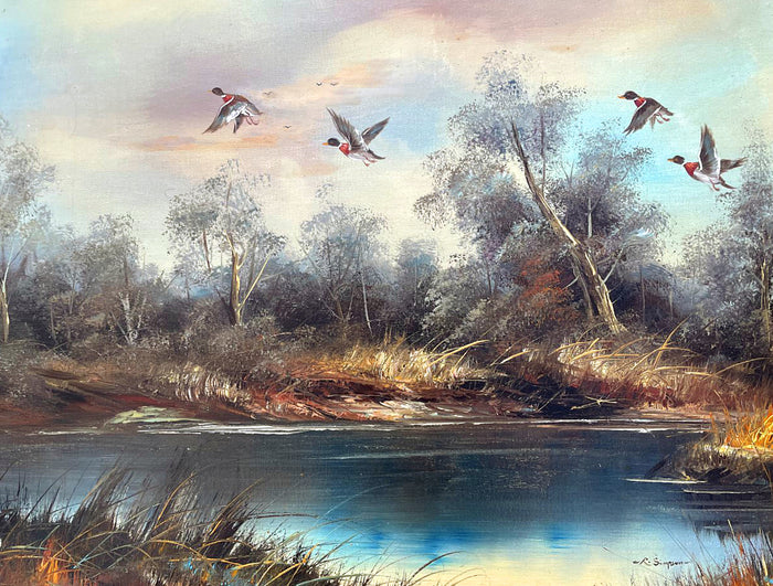 Fine Vintage Mid C20th Oil on Canvas Board - Mallards Rising SOLD