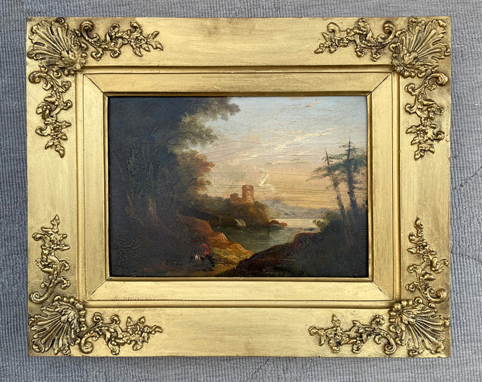 Fine Late C18th Oil on Wood Panel - Italianate Landscape - Figures by a Lake- attrib John Rathbone (1750-1807) SOLD