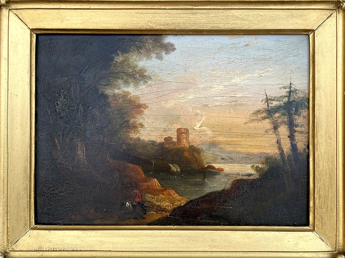 Fine Late C18th Oil on Wood Panel - Italianate Landscape - Figures by a Lake- attrib John Rathbone (1750-1807) SOLD