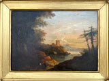 Fine Late C18th Oil on Wood Panel - Italianate Landscape - Figures by a Lake- attrib John Rathbone (1750-1807)