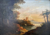 Fine Late C18th Oil on Wood Panel - Italianate Landscape - Figures by a Lake- attrib John Rathbone (1750-1807)