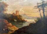 Fine Late C18th Oil on Wood Panel - Italianate Landscape - Figures by a Lake- attrib John Rathbone (1750-1807)