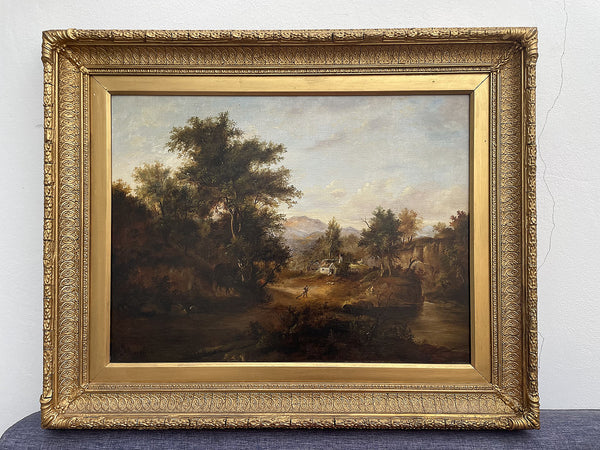 Superb Mid C19th Victorian English School Oil on Canvas - Landscape with Figures by a Rural cottage SOLD