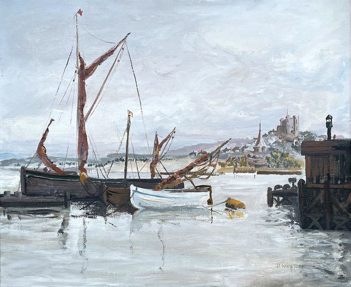 Excellent Vintage C20th Oil on Canvas Board by David Weston - Cornish Harbour Scene SOLD