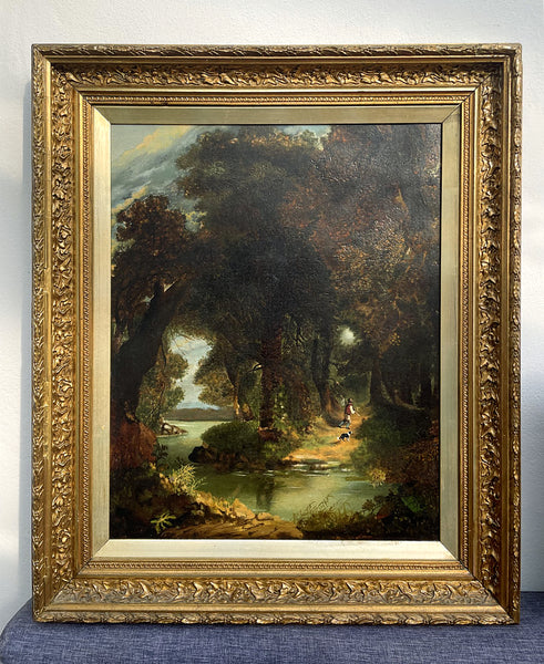 Fabulous Mid C19th Victorian English School Oil on Canvas - Traveller & Dog in a Wooded Landscape SOLD