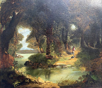 Fabulous Mid C19th Victorian English School Oil on Canvas - Traveller & Dog in a Wooded Landscape SOLD