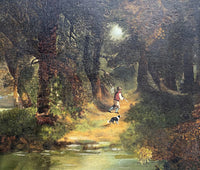 Fabulous Mid C19th Victorian English School Oil on Canvas - Traveller & Dog in a Wooded Landscape SOLD