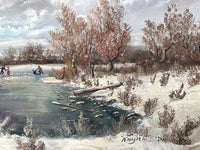 Fine Vintage Oil on Canvas Board depicting Skaters on a Frozen Pond by David Price